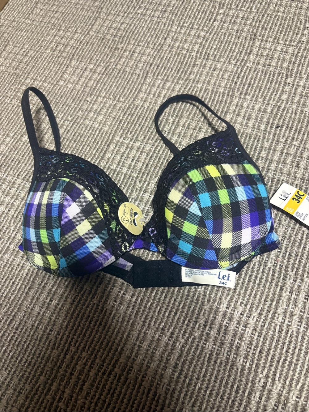 lei Multicolor Plaid Push-Up Bra with Black Lace Trim